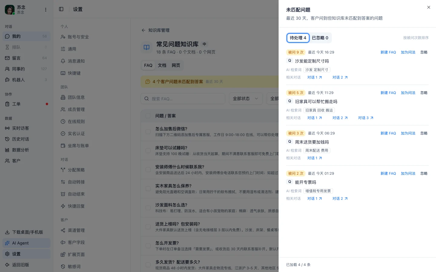 未匹配问题面板,按被问次数列出客户原话,每条带 AI 检索词、相关对话和新建 FAQ、加为问法、忽略三个操作